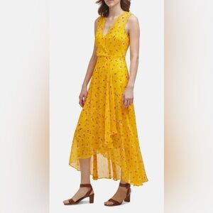 Calvin Klein Women’s Chiffon Sleeveless Vneck Wrap Yellow HiLo Maxi Dress Size10